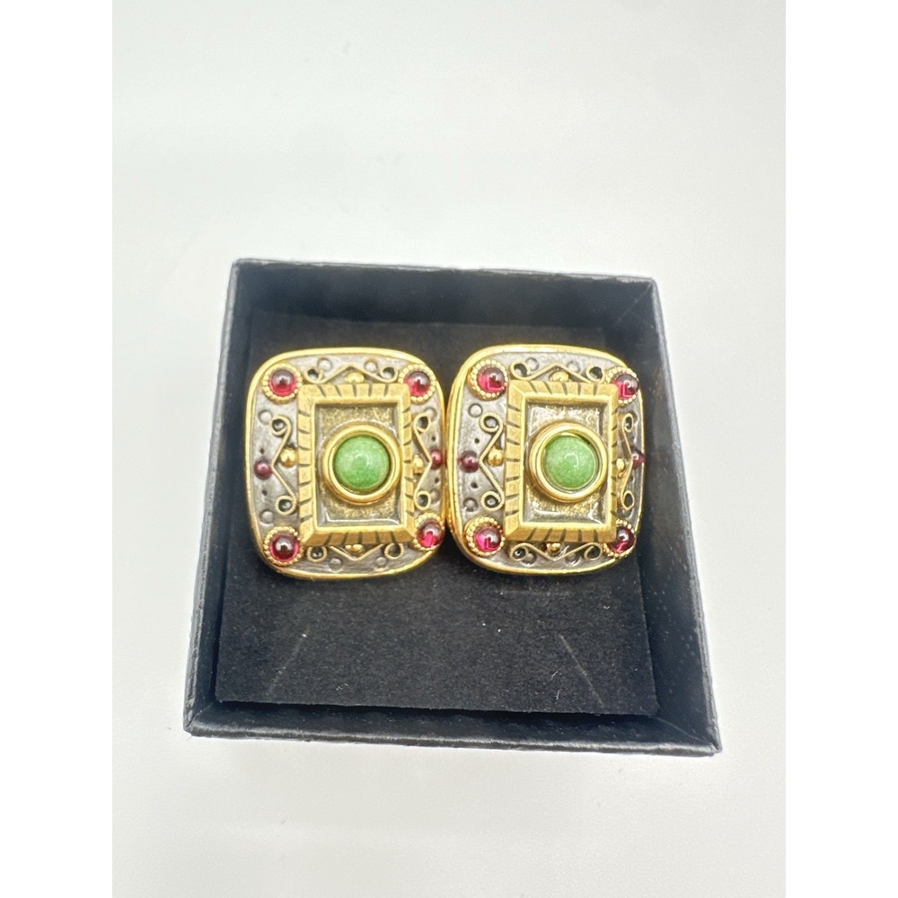 Vintage Michal Golan Statement Earrings Green Red Jeweled Gold Tone Signed